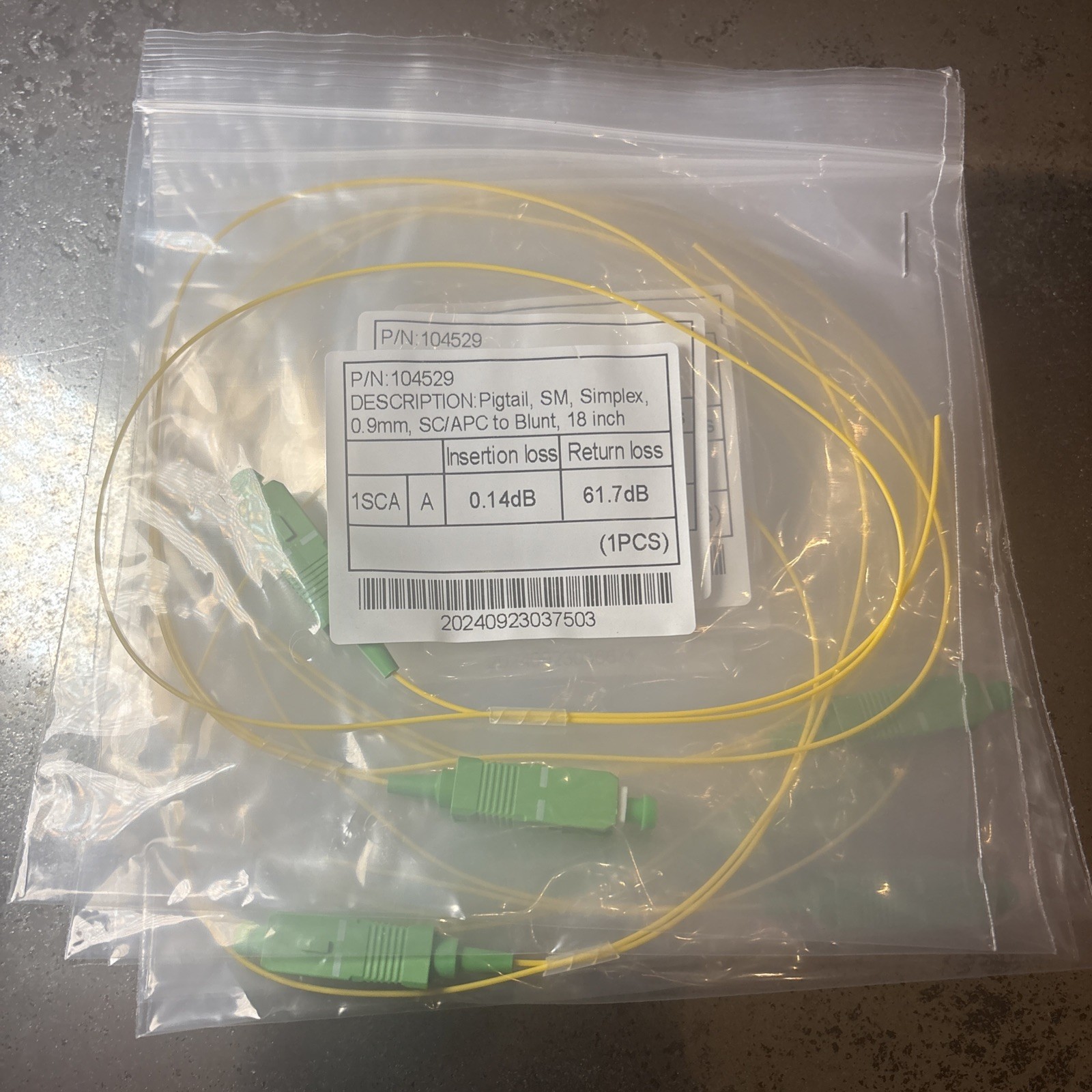 Lot of 10X Pigtail SM Simplex, 0.9mm, SC/APC to Blunt, 18 inch Fiber Optic Cable