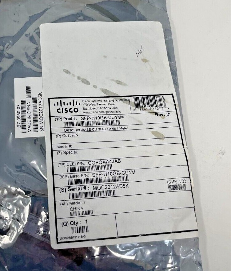 New Cisco SFP-H10GB-CU1M Twinax Copper Cable 37-0960-03