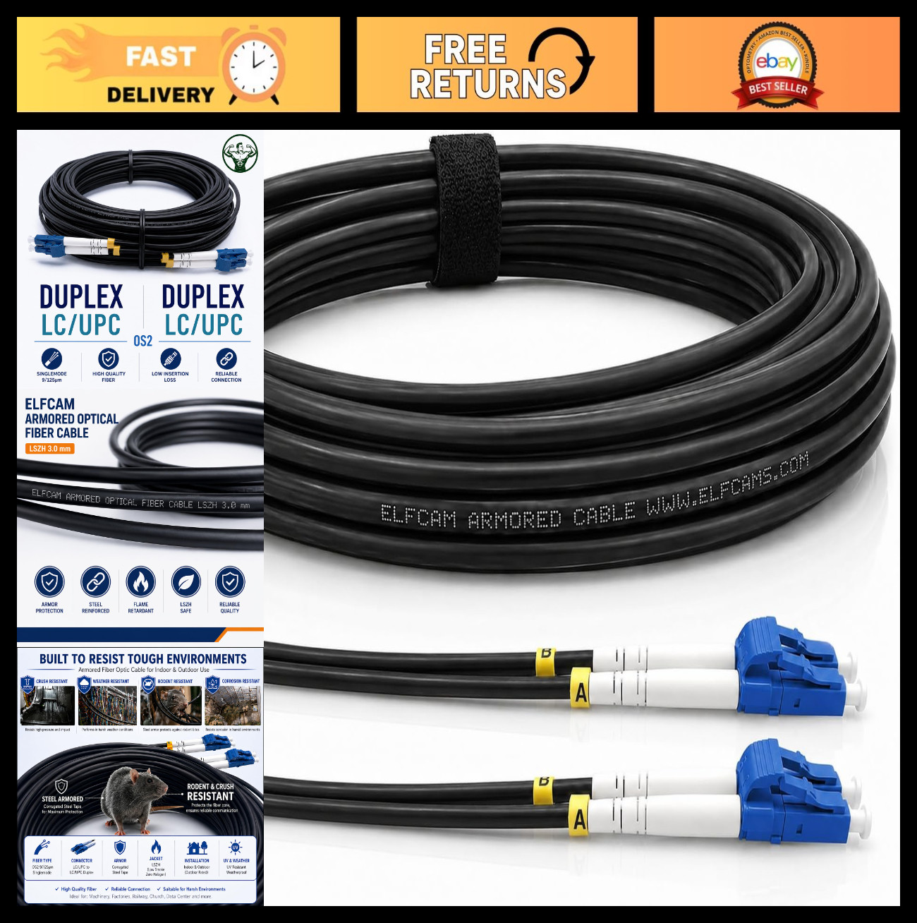 100m Armored Fiber Optic Cable LC/UPC to LC/UPC OS2 Singlemode Duplex 9/125μm LS