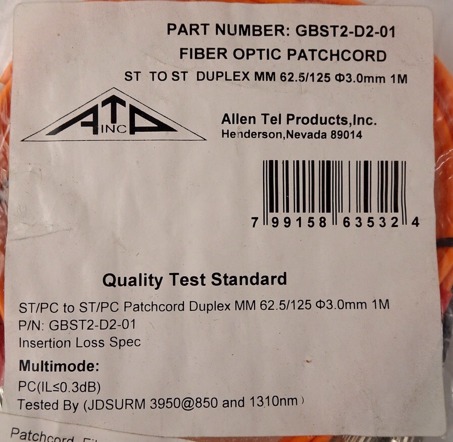 Allen Tel GBST2-D2-01 Duplex ST to ST Fiber Optic Patch Cord, Multimode 1m, New