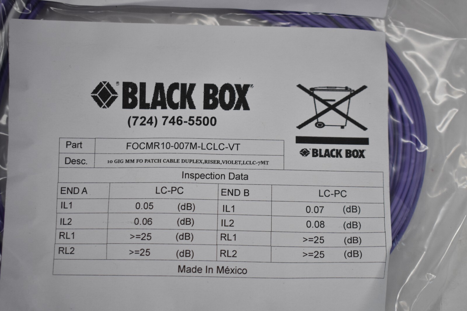 Black Box 10 Gig MM FO Patch Cable Duplex Fiber Riser Cable Violet LCLC-7MT