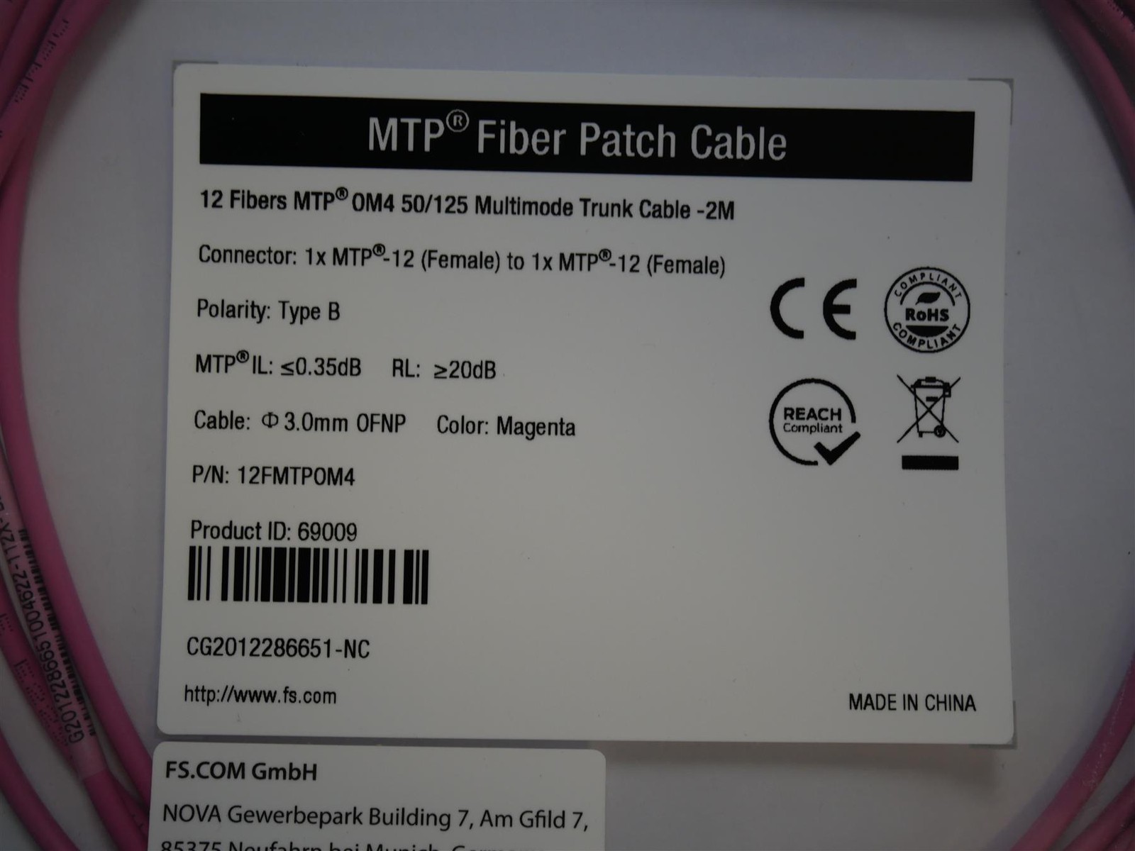 Lot 5 FS MTP/MPO Fiber Patch Cable 12 Fibers MTP OM4 50/125 Multimode Trunk 2M
