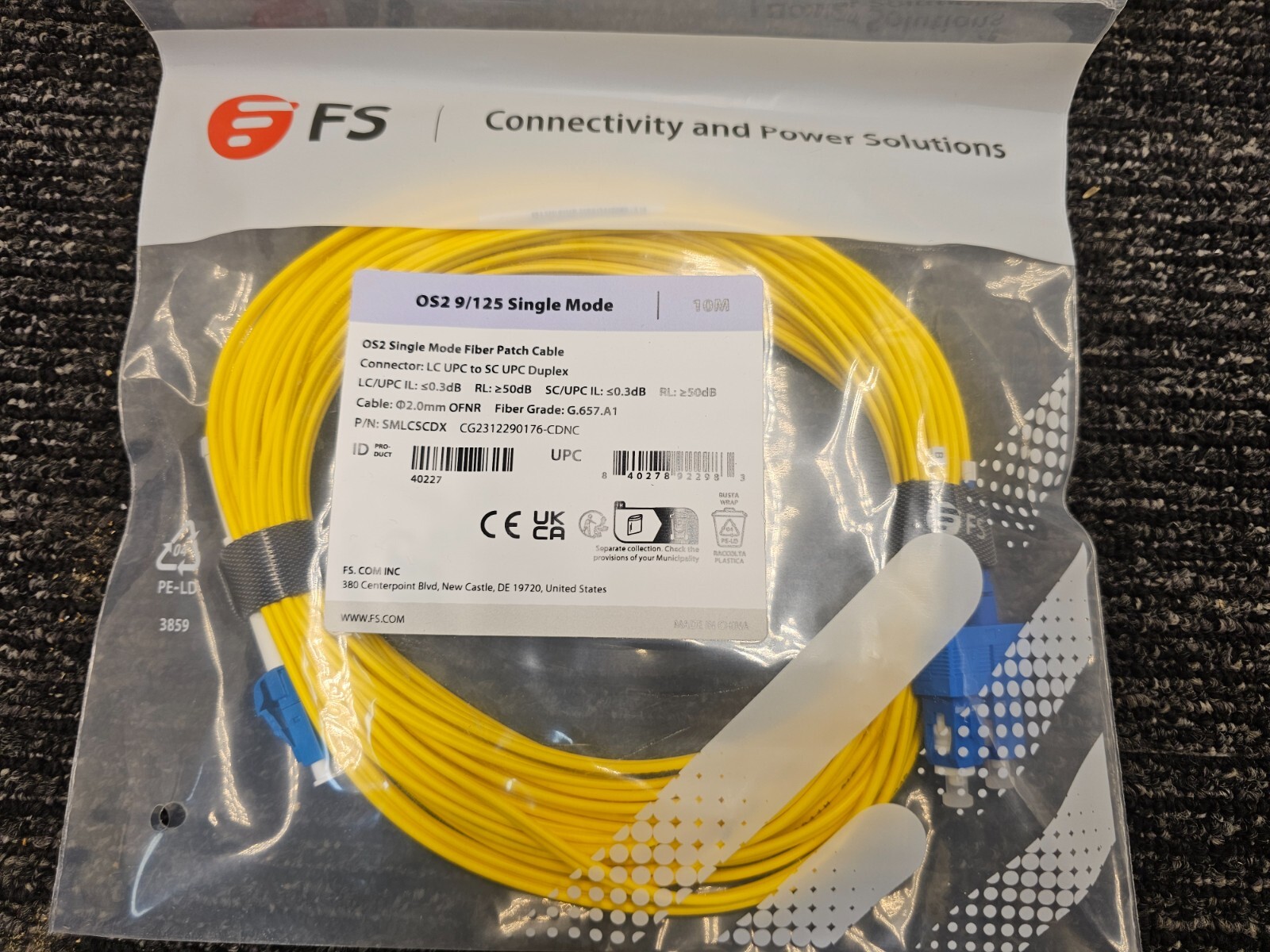 (QTY 2) FS SMLCSC Duplex 9/125 Single Mode 10m Fiber Patch Cable LC.UPC-SC/UPC
