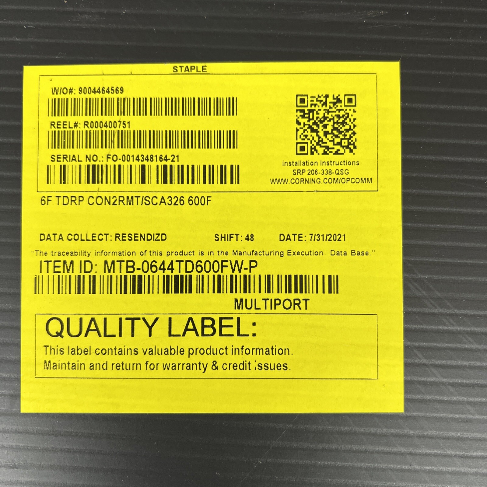 Corning Optical MTB-0644TD600FW-P Optisheath 6 Port Terminal 600′ Drop Cable