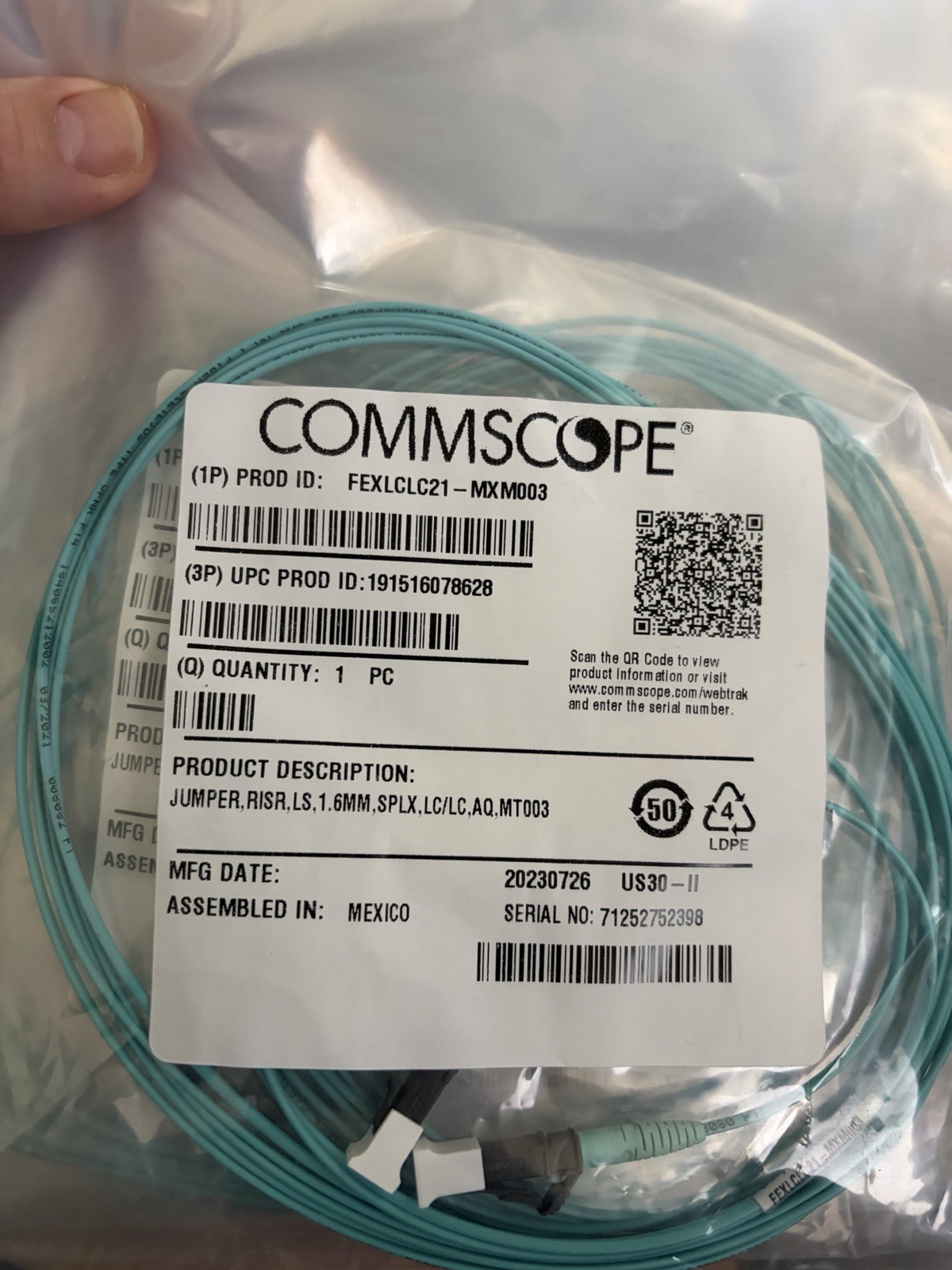 CommScope Simplex LC-LC Aqua Optical Fiber Cable FEXLCLC21-MXM003 3m LOT OF 10