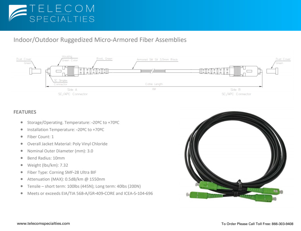 Micro-Armored SCAPC/SCAPC Fiber Jumper FTTH SMF Corning Glass Patch Cord 100 ft