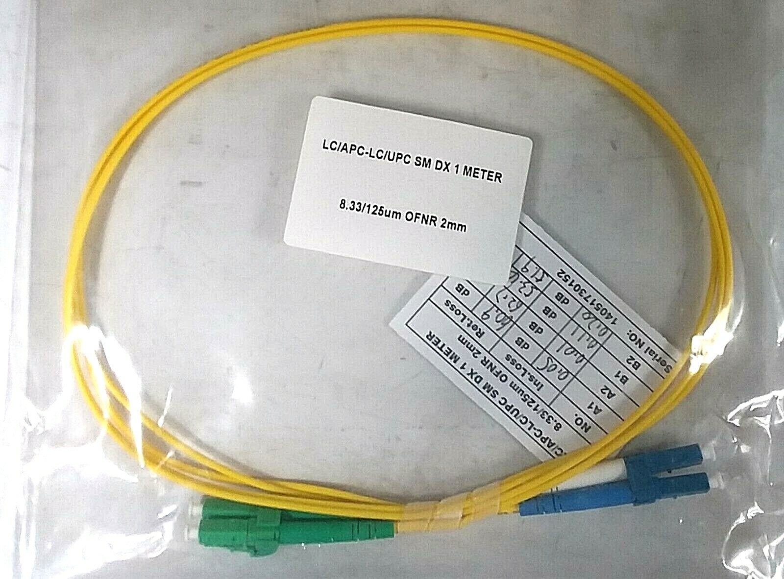 Singlemode Duplex BIF OFNR, 2mm, 1m; Part #LC/APC-LC/UPC 1meter