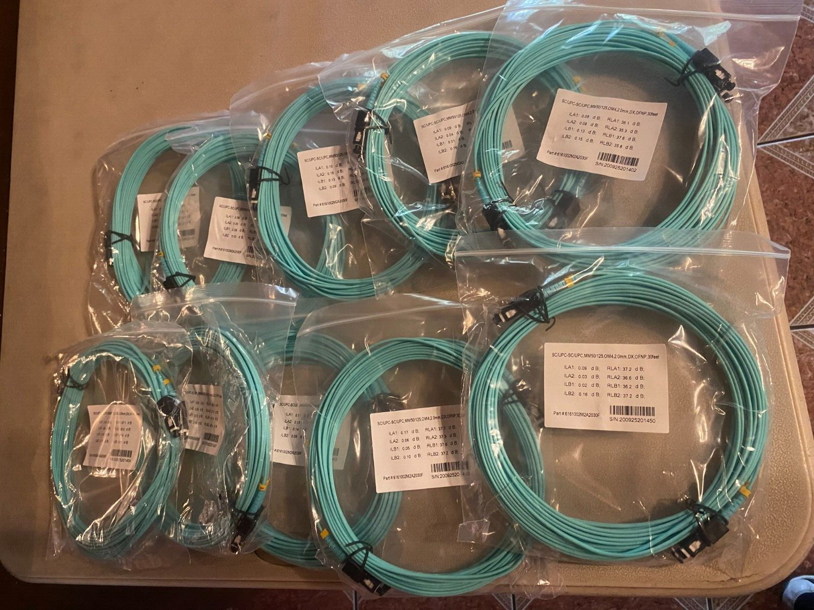 Fiber cable sc/upc-sc/upc,mm50/125,om4,2.0mm,dx, ofnp ,30feet (Lot of 10)