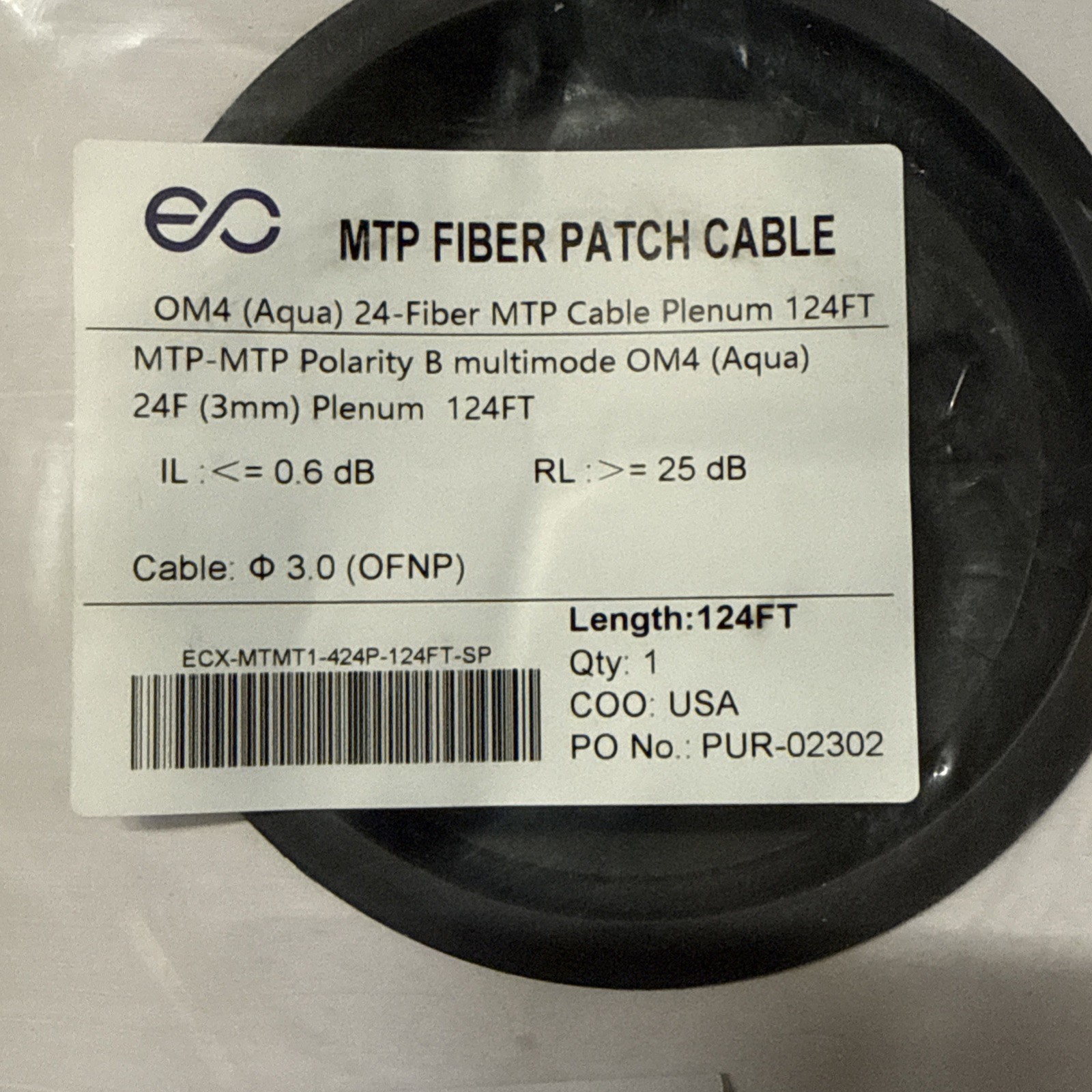 Enconnex OM4 24-Fiber MTP-MTP Polarity B Multimode Cable Plenum 124 Ft Aqua– New