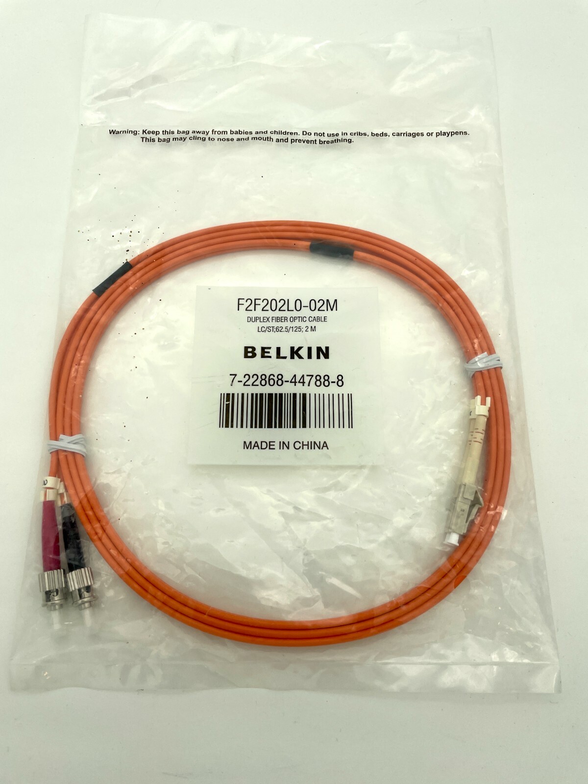 NEW Belkin F2F202L0-02M 2-Meter Multimode Duplex ST-LC Fiber Optic Patch Cable