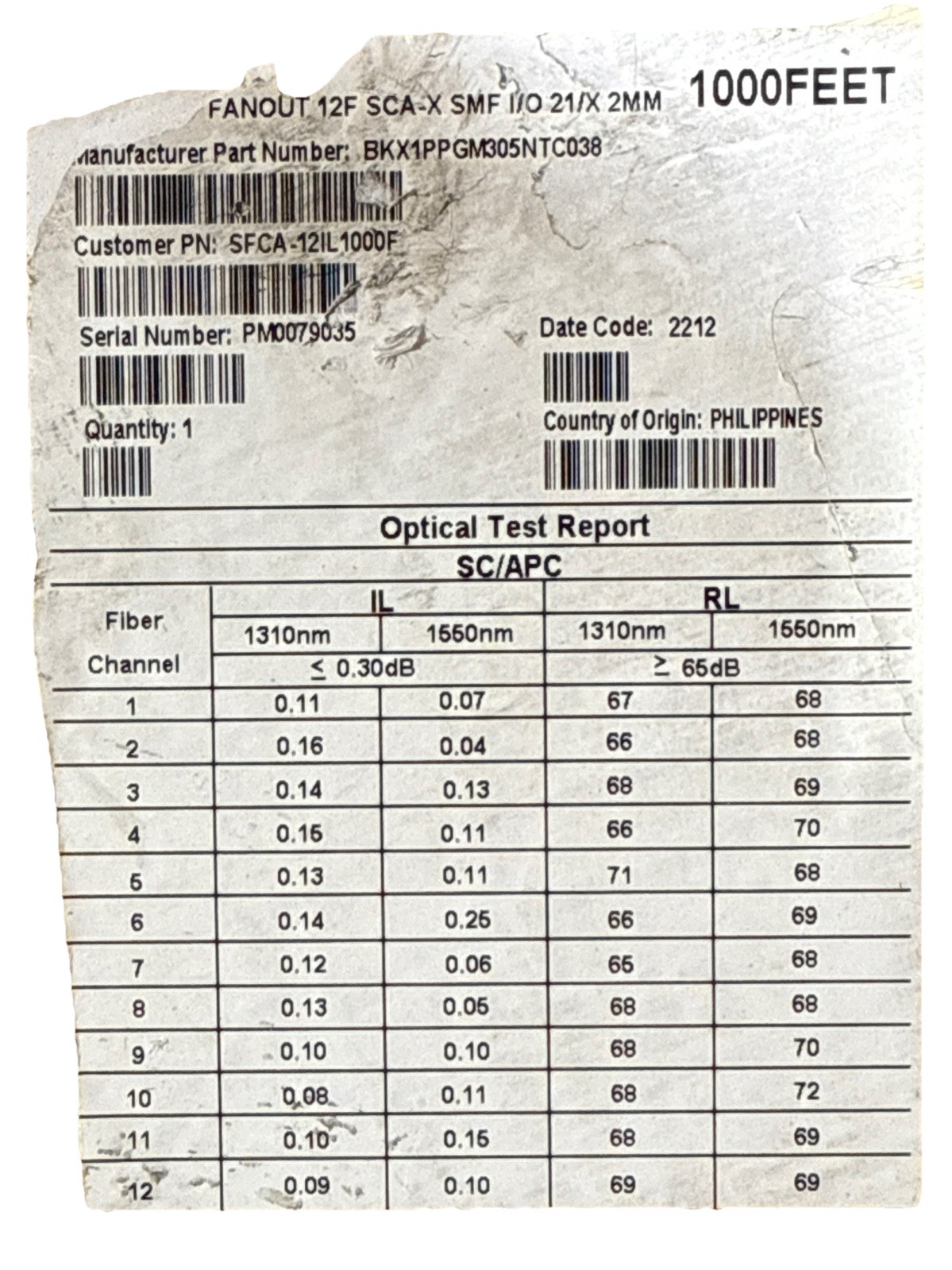 Suttle Riser Cables (OFNR rated) 12F LT I/O SCA 1000FT, Part# SFCA-12IL1000F New