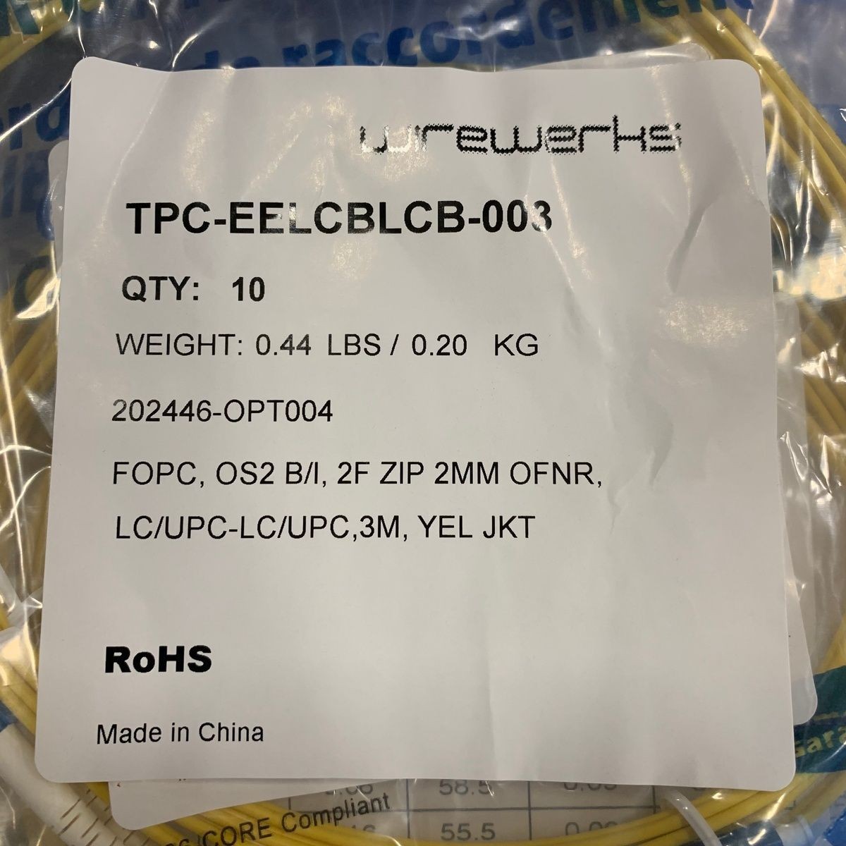 WIREWERKS Fiber Optic Patch Cord, Yellow TPC-EELCBLCB-003 Lot of 10