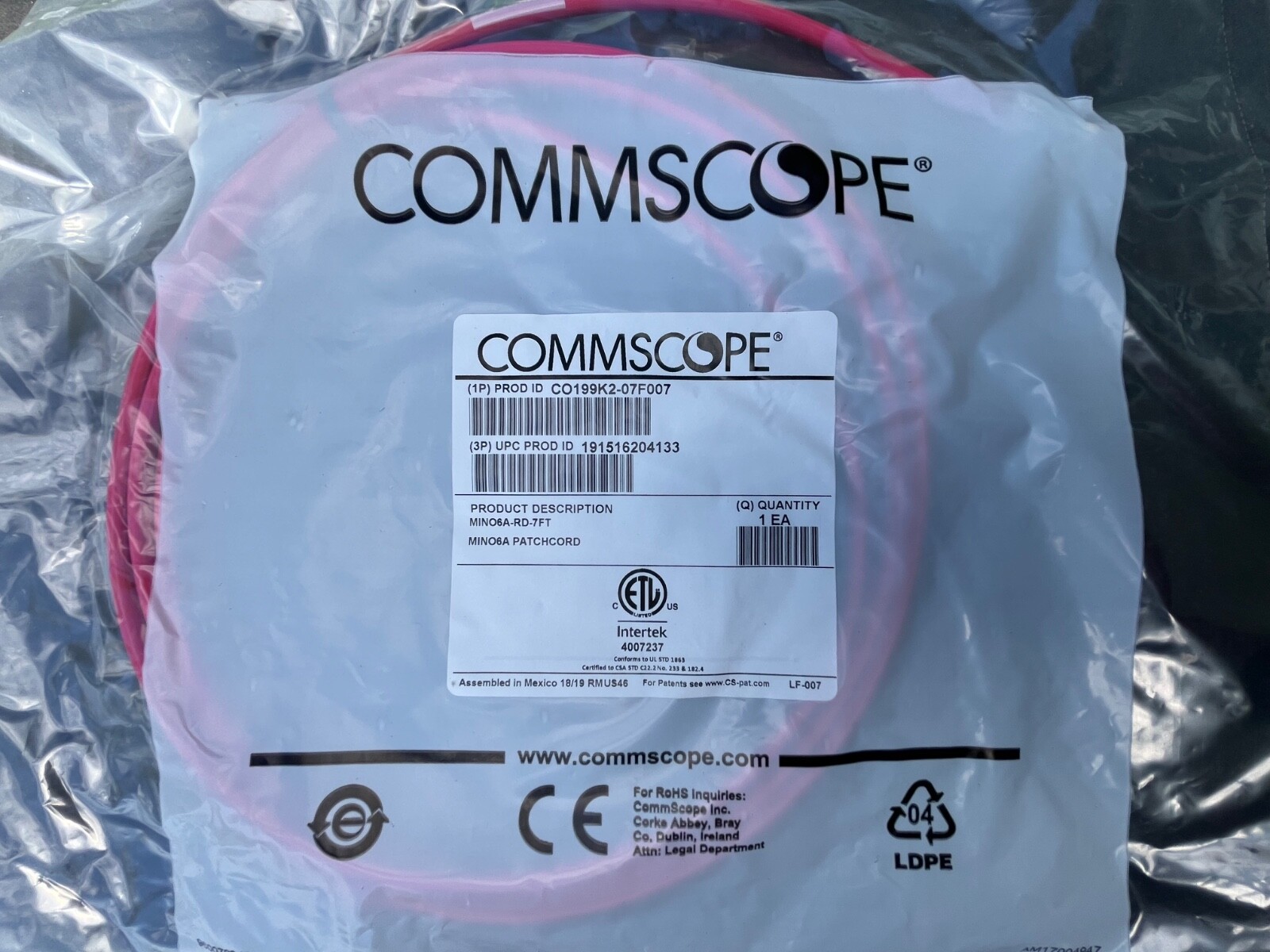 Commscope CO199K2-07F007 MINO6a Red 7ft Patch Cord Cable