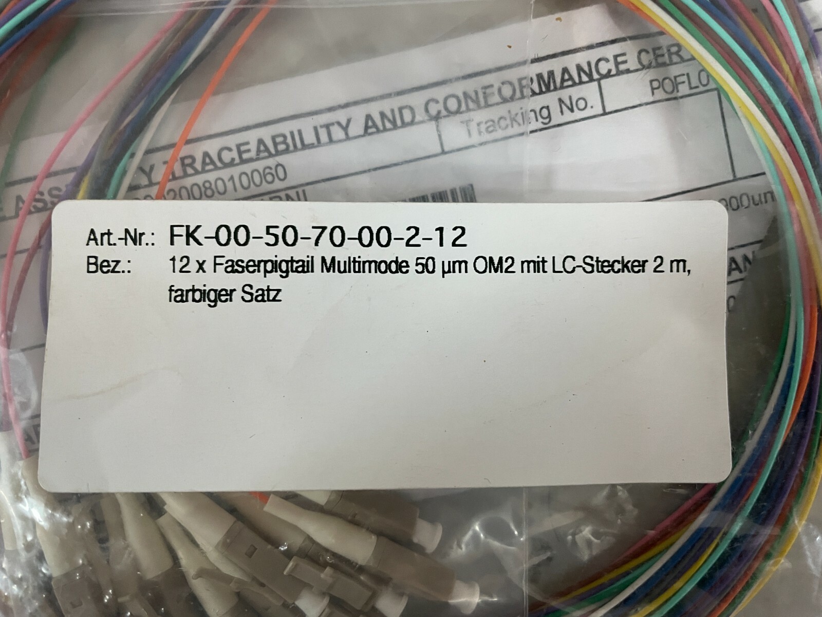 12 Optic Fiber Pigtail, Color-Coded, MMF OM2, LC/UPC, 900um, 2 Meter, Unjacketed