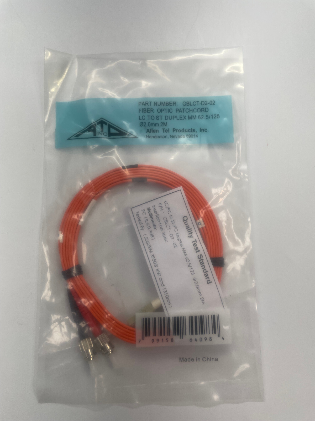 Allen Tel GBLCT-D2-02 Fiber Optic Patch Cord Multimode OM1 Duplex LC to ST 2 M