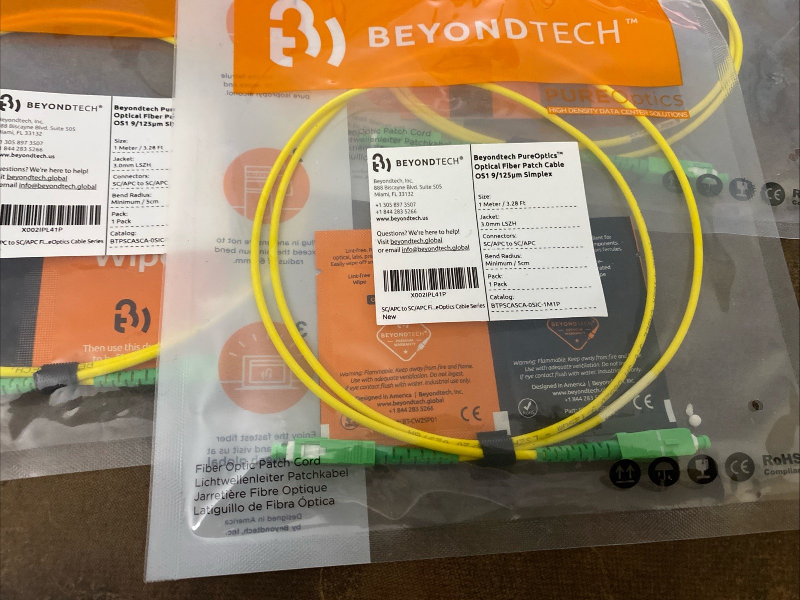 3 Pack – 1M SC/APC to SC/APC Fiber Optic Simplex Singlemode Optical Patch Cable