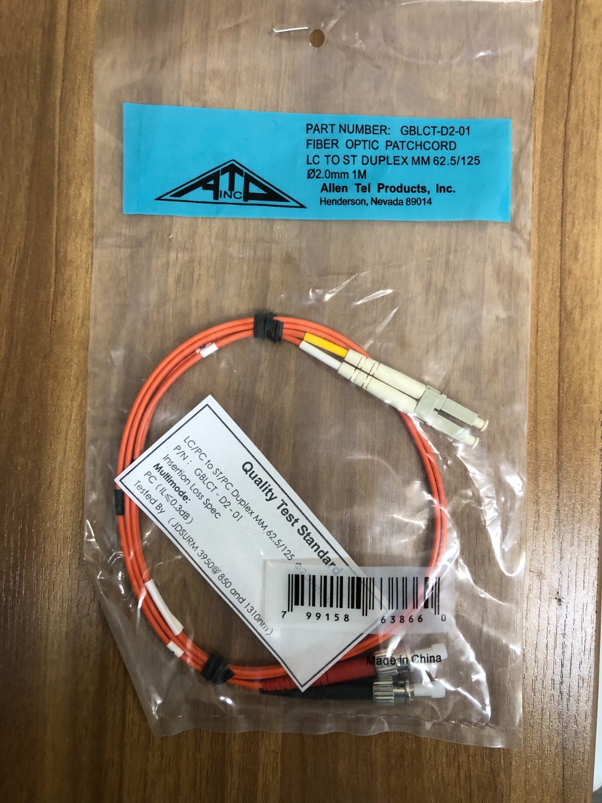 Allen Tel GBLCT-D2-01 Fiber Optic Patch Cord, Multimode OM1 Duplex LC to LC, 1 M