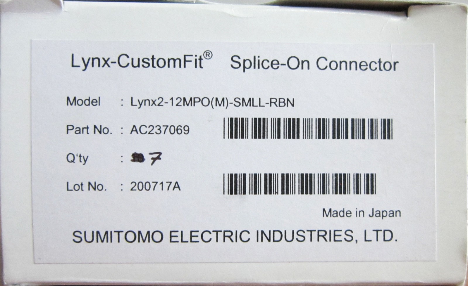 Lot of 7 – Sumitomo Lynx-CustomFit LYNX2-12MPO(M)-SMLL-RBN Splice-On Connector