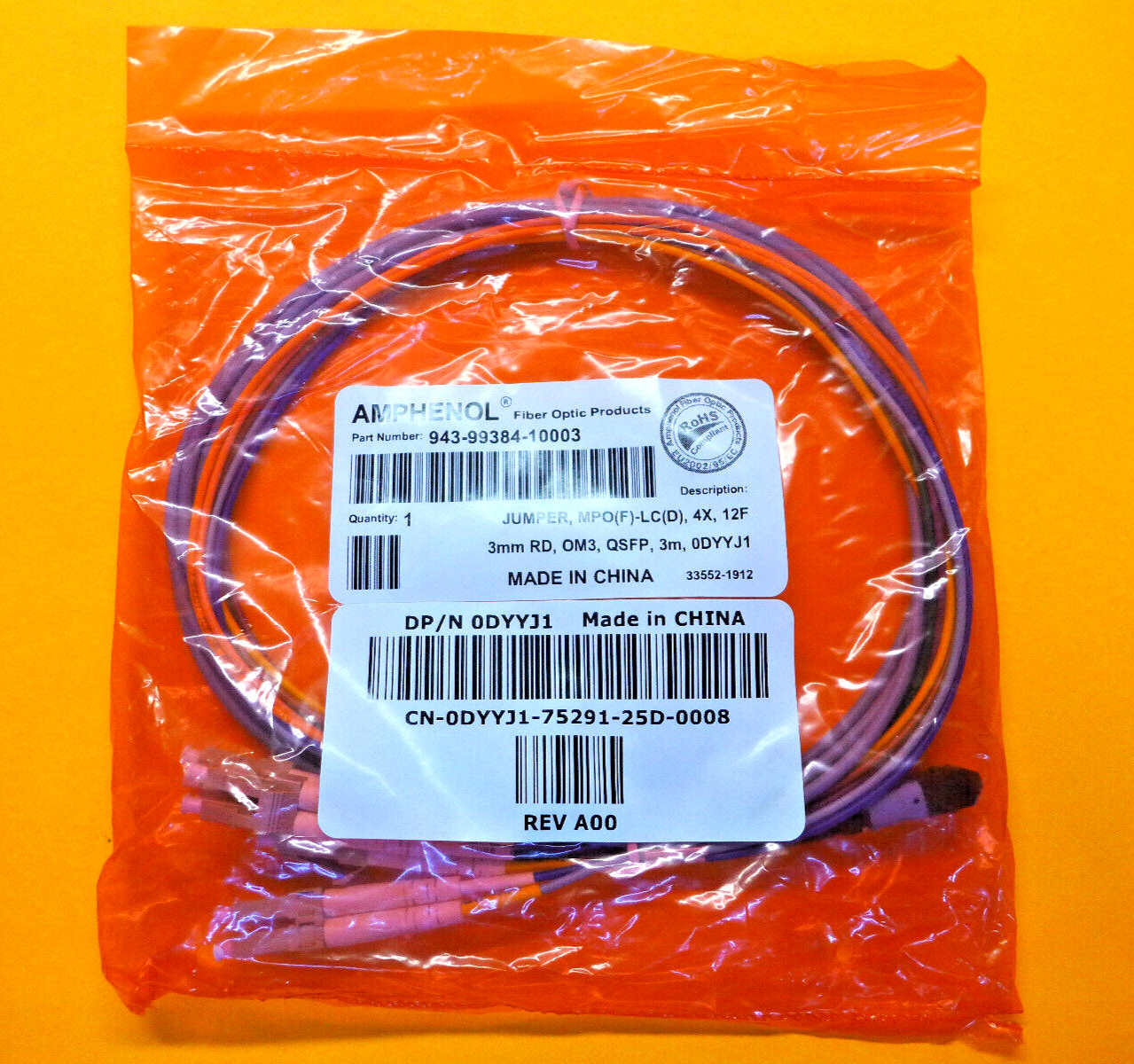 New Amphenol 75291-29I 1×4 Breakout 50/125UM OM3 12F Round 3M Cable DYYJ1