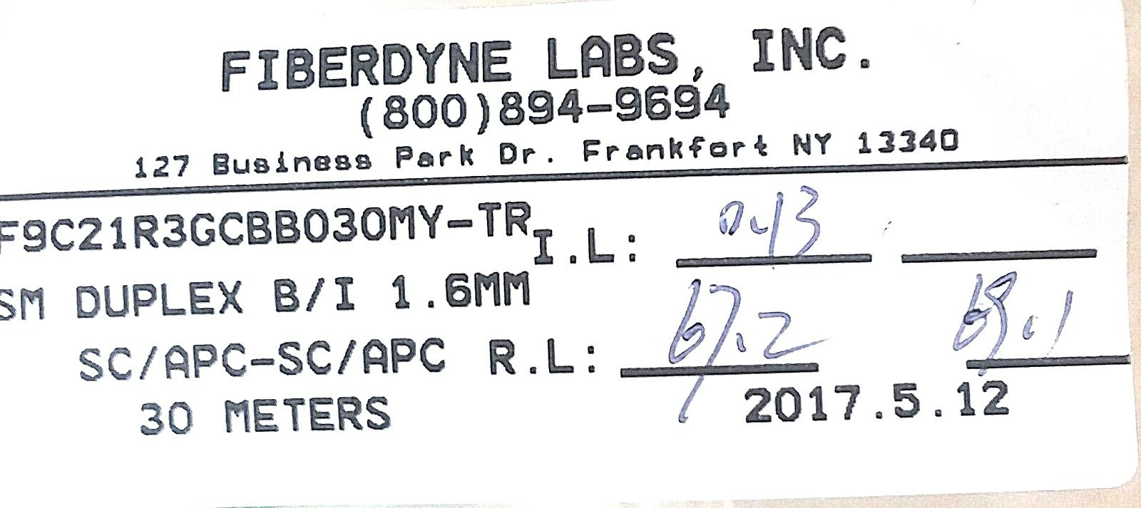 Fiberdyne Labs Sm Dx B/I 2.0mm, 30m; sc/apc-sc/apc; Part #F9C21R2GCBB030MY-TR