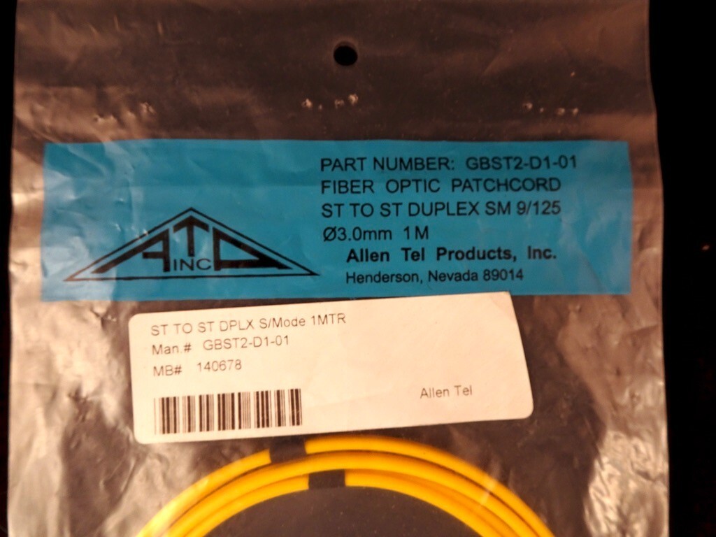 Allen Tel GBST2-D1-01 Duplex ST to ST Fiber Optic Patch Cord, Singlemode 1m, New