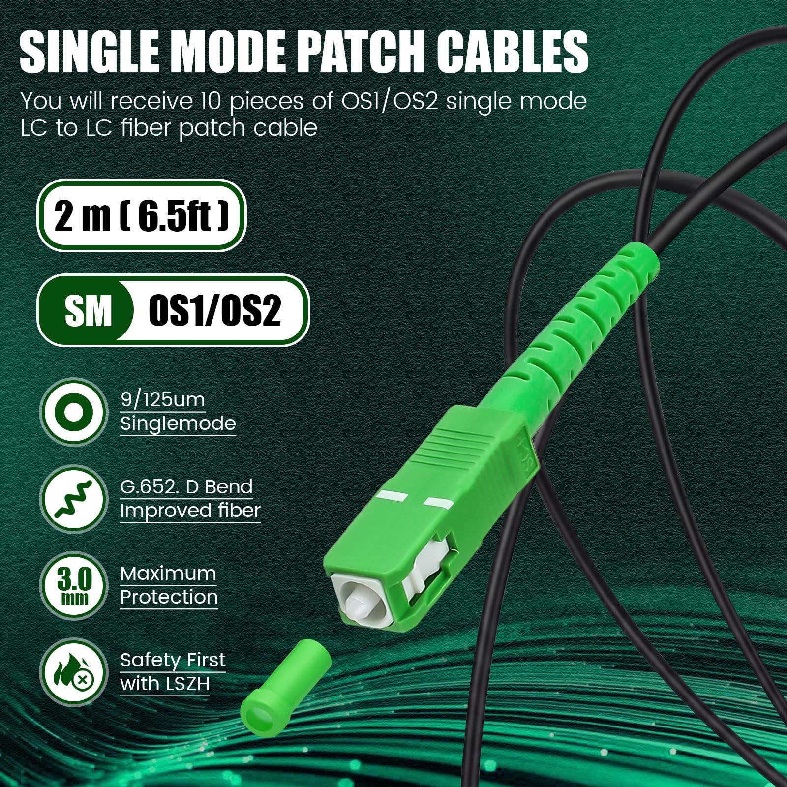 10 PCS 6ft 2m SC/APC Fiber Optic Cable Single Mode 9/125um OS1/OS2 Black