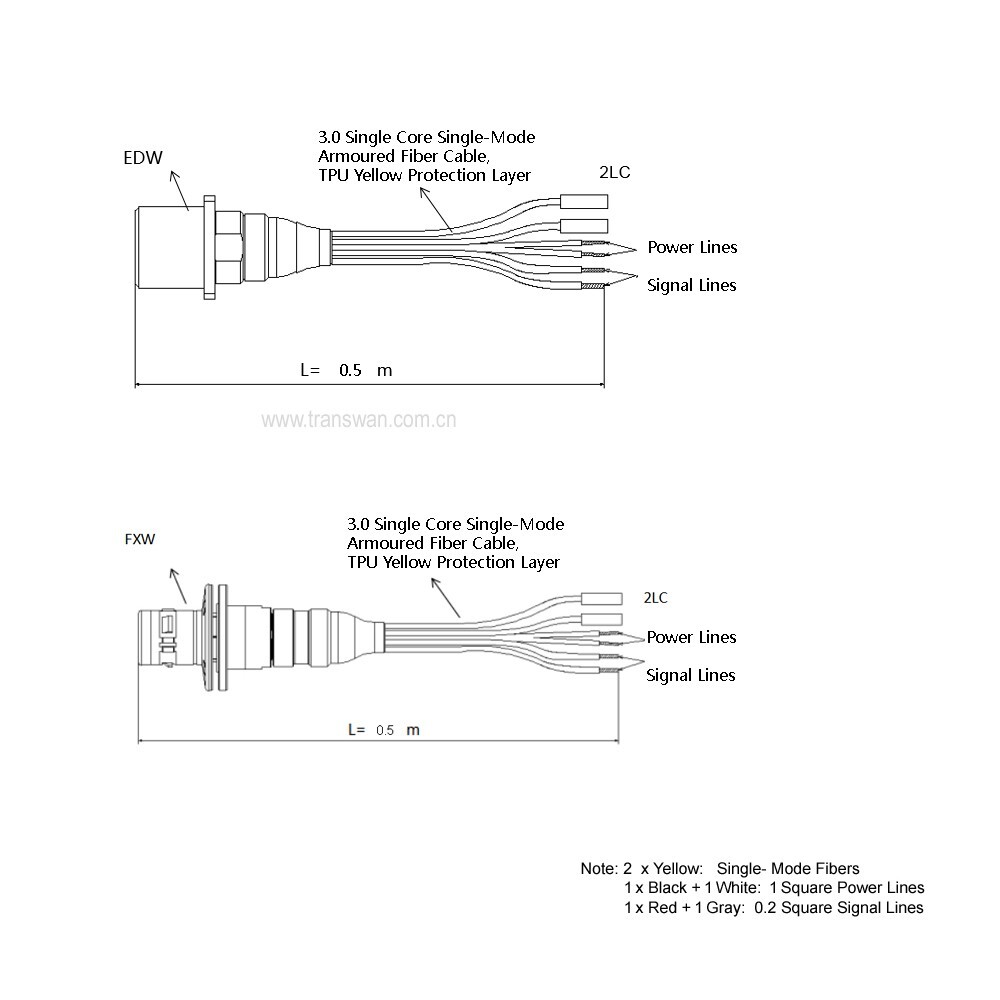 SMPTE311M Hybrid 3K93C Connector FXW with Tails of 2 x SM Fibers & 4 x Wires