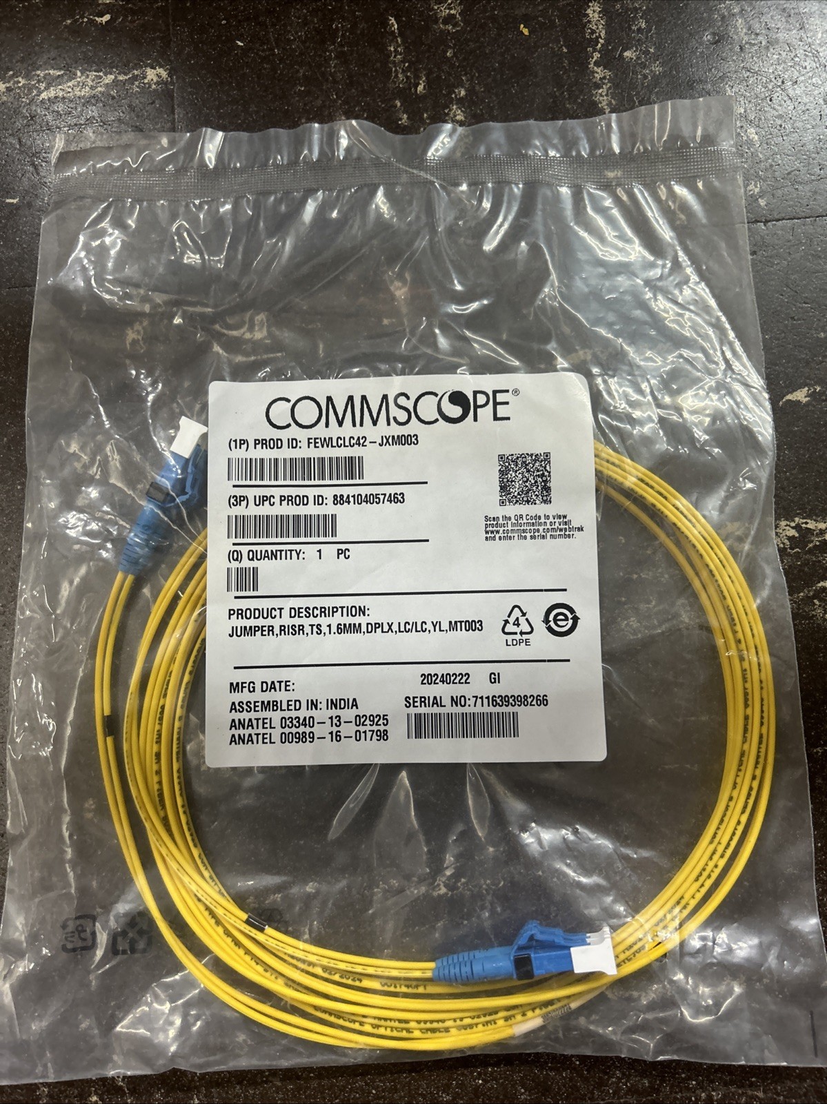 COMMSCOPE FEWLCLC42-JXM003 SINGLE MODE JUMPER RISER/FIBER OPTIC PATCH CORD 6′