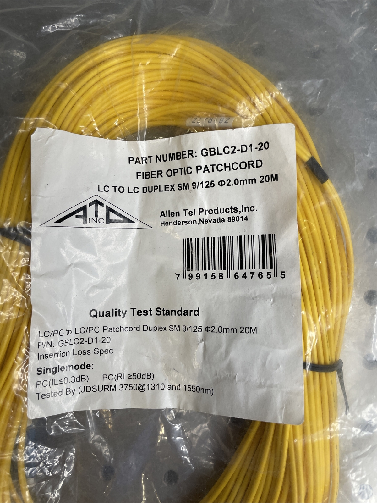 Allen Tel GBLC2-D1-20 Singlemode Duplex LC to LC Fiber Optic Patch Cord, 20 M