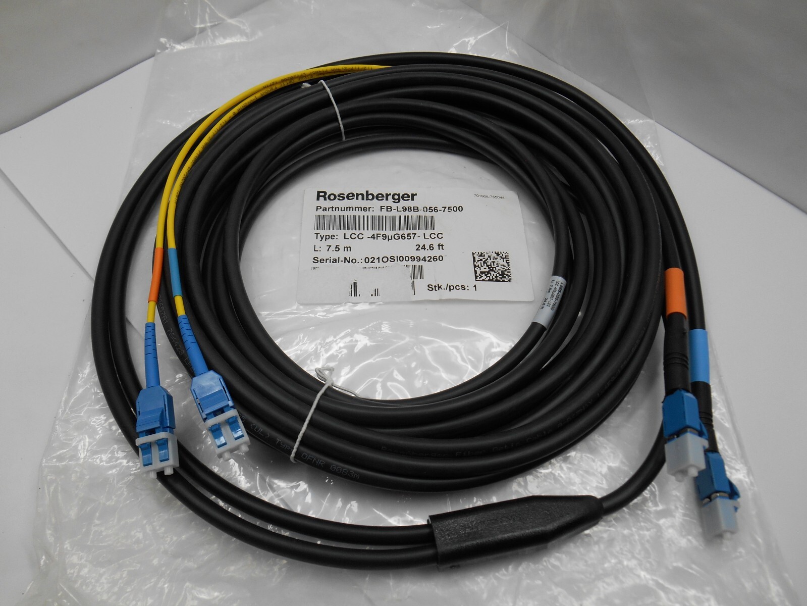 Rosenberger FB-L98B-056-7500, Fiber Jumper Cable 7.5 M 24.6′ FT LLC-2F9μG657-LCC
