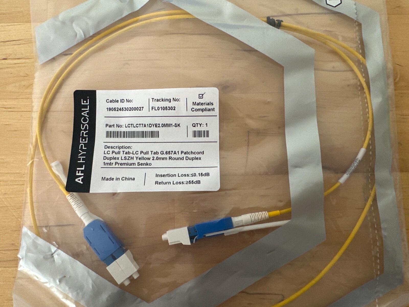 AFL HYPERSCALE LCTLCT7A1DYE2.0MM1-SK LC PULLTAB G.657A1 1-METER LSZH 2.0mm NEW