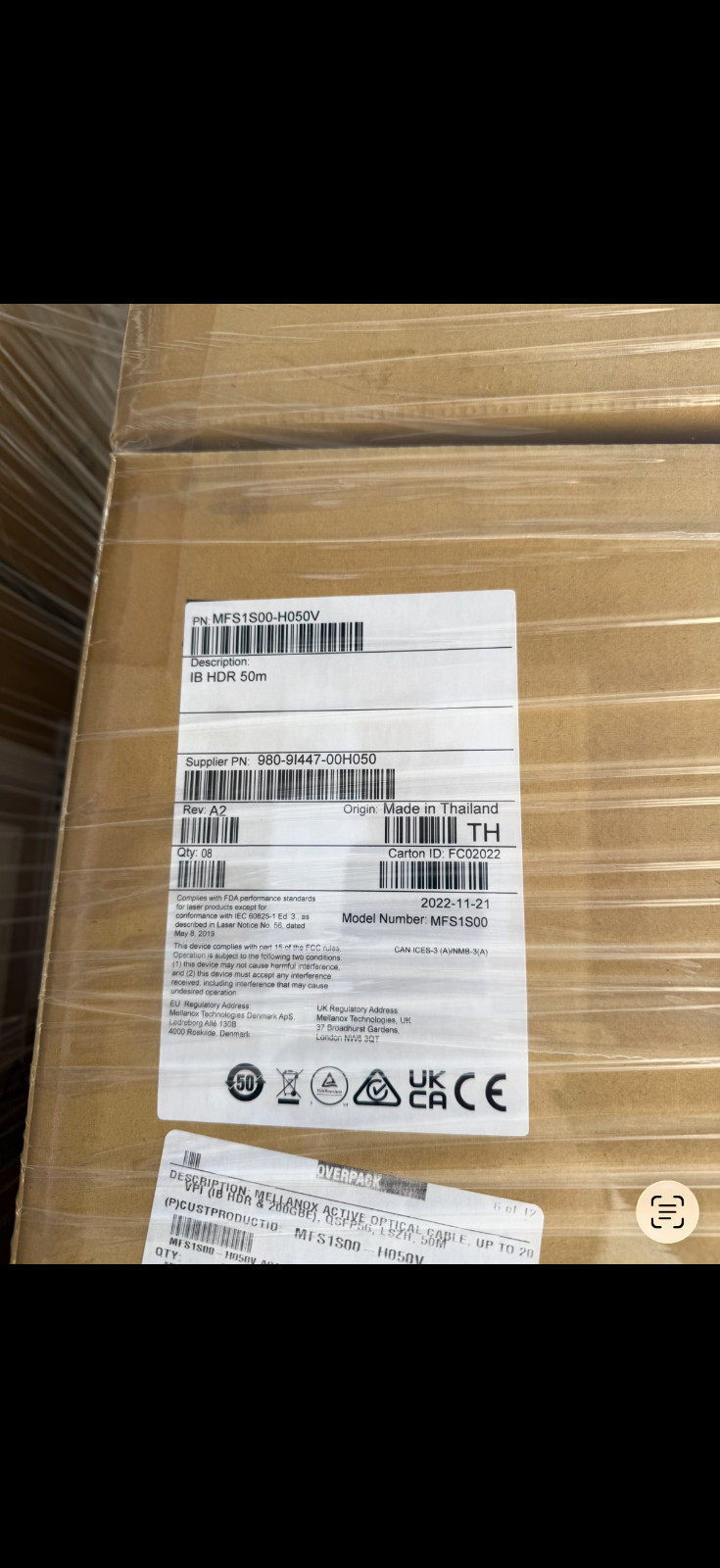 MFS1S00-H050V MELLANOX MFS1S00 Active Optical Cable up to 200Gbs QSFP56 50m