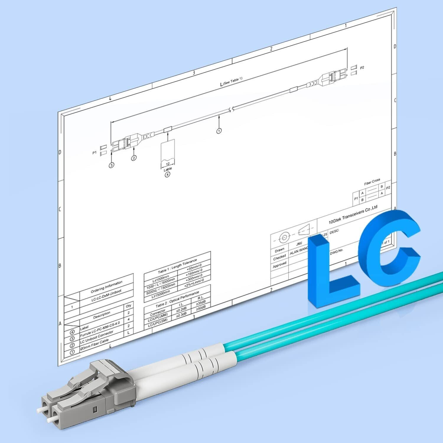 10G LC/UPC-LC/UPC 50/125 OM3 Multimode Duplex Aqua Fiber Optic Patch Cable