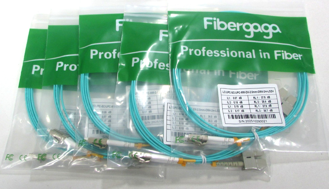 5 x Fibergaga UPC-MM-DX 2.0mm OM4 2m LSZH Fiber Optic Patch Cable